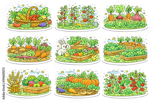 Vibrant cartoon vegetable garden with baskets and boxes of fresh produce.