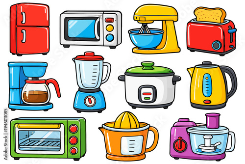Colorful cartoon kitchen appliances collection including toaster and blender.
