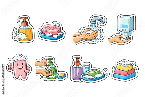 Colorful cartoon hygiene icons with soap, handwashing, and sanitizer.