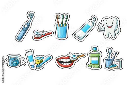 Colorful cartoon dental care icons: toothbrush, toothpaste, floss, mouthwash.