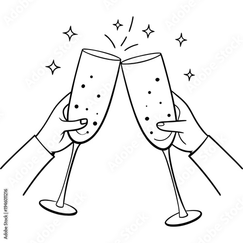 Halftone collage hands holding coupe champagne glasses with sparkling golden wine. Cheers, celebratory toast, cocktail party stickers. Modern retro vector illustration on transparent background