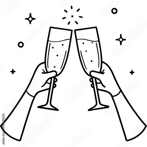 Halftone collage hands holding coupe champagne glasses with sparkling golden wine. Cheers, celebratory toast, cocktail party stickers. Modern retro vector illustration on transparent background