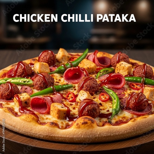 Spicy Chicken Chilli Pataka Pizza with Meatballs, Pepperoni, and Chili Peppers