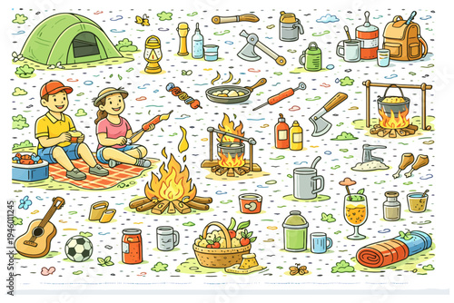 Camping scene with young caucasian adults and campfire cooking elements.