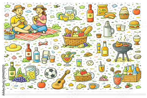 Picnic fun with young caucasian adults enjoying food and drinks in a vibrant outdoor setting.