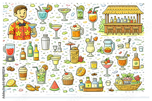 Tropical cocktail bar with drinks, fruits, and happy male bartender.