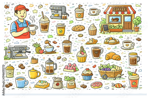 Cartoon coffee shop scene with barista and various coffee-themed items.