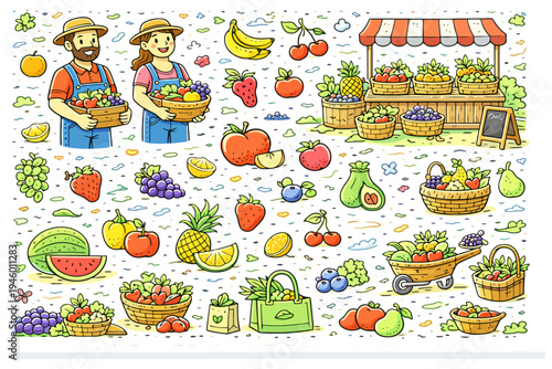 Colorful farmers market with fruits, vegetables, caucasian male and female sellers.