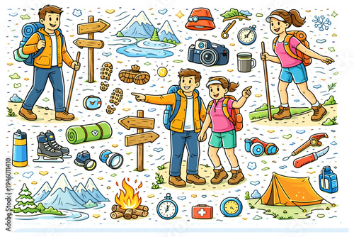 Cartoon outdoor adventure with young caucasian hikers exploring nature.