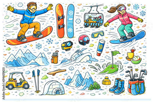 Winter sports fun: snowboarding and skiing adventure with gear and landscapes.