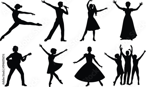 Performing artists silhouettes collection featuring singer, dancer, guitarist and stage performers isolated on white background, music and entertainment vector illustration set