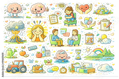 Mental health and wellness icons: therapy, relaxation, mindfulness, emotional well-being.