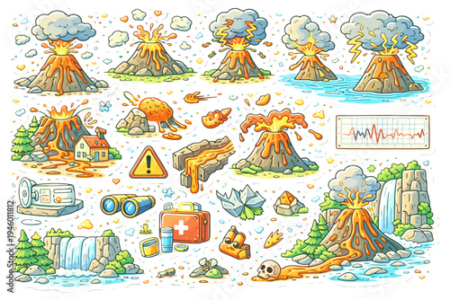 Volcano eruption stages and effects with natural disasters and safety gear illustration.