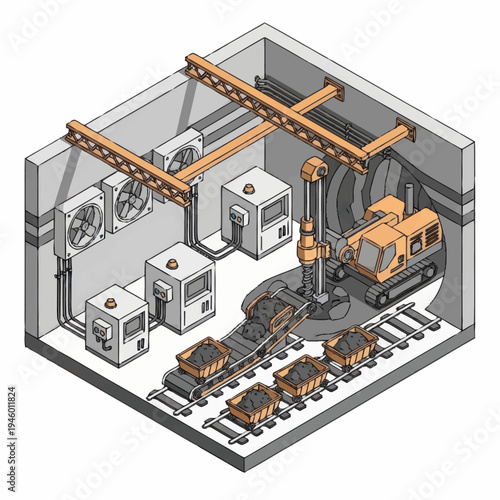 Industrial Mining Operation with Heavy Machinery and Conveyor System.