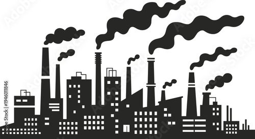 Industrial cityscape silhouettes, factories with smokestacks, heavy pollution clouds, manufacturing plants, environmental impact, urban development, energy infrastructure