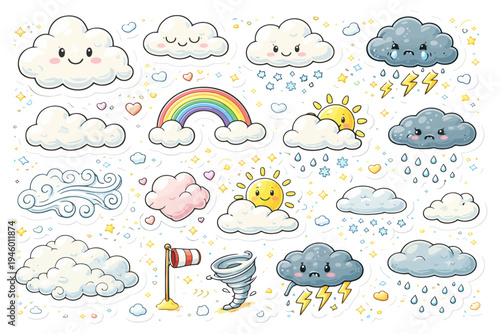 Cute cartoon weather elements with clouds, sun, rainbow, and storm.