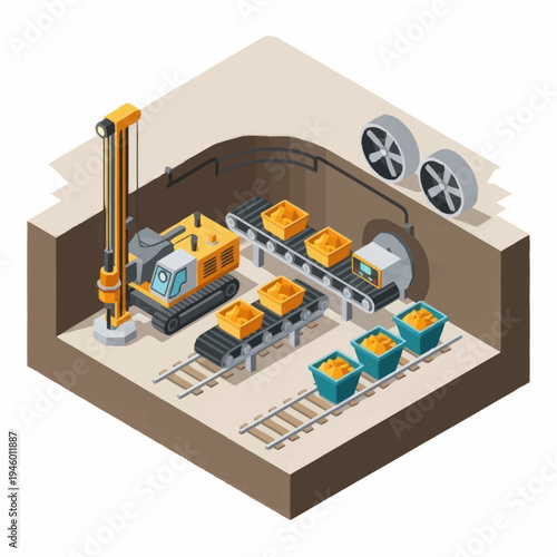 Mining Excavator and Conveyor Belt System in Underground Operation.