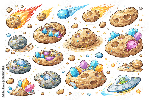 Various colorful comets and asteroids with crystals and alien in spaceship.