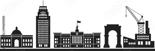 Cityscape architectural silhouettes, domed building, skyscraper with spire, government institution, triumphal arch, industrial complex with crane, urban diversity