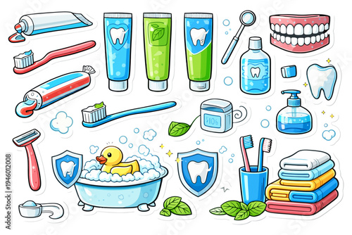 Colorful dental care items: toothpaste, toothbrushes, floss, mouthwash, dental hygiene.