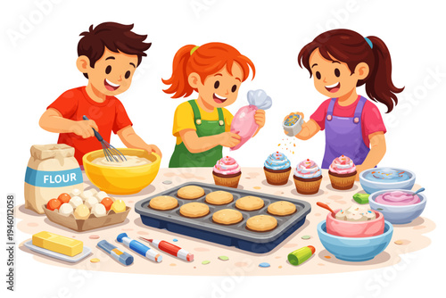 Children baking together: young caucasian kids decorating cupcakes and cookies happily.