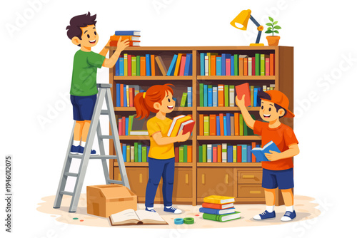 Diverse children organizing books in a library with enthusiasm.