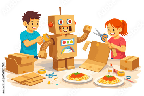 Creative kids crafting robot costume with cardboard boxes and art supplies.
