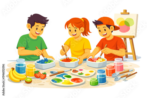 Children engaged in creative art and cooking activity with colorful supplies.