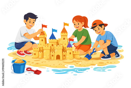 Children building sandcastle on beach with smiling joyful expressions.