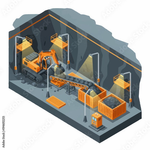 Excavator loading coal into containers at mining site.