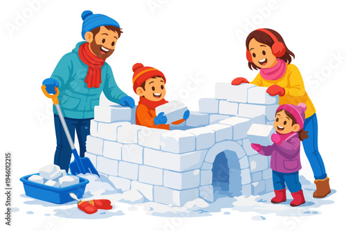 Family building snow fort together featuring laughter and teamwork.