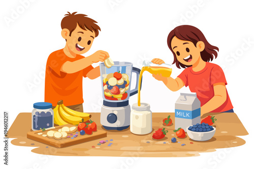 Children making healthy smoothies with blender and fresh ingredients.