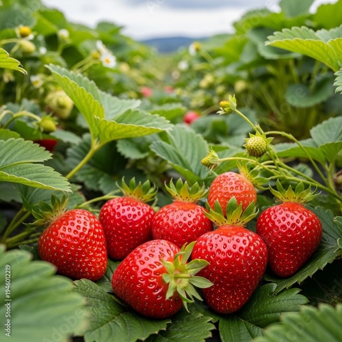 Strawberry Field Image of Ripe and Unripe Berries with Flowers and Leaves in Outdoor Crop Setting for Agricultural or Botanical Themes