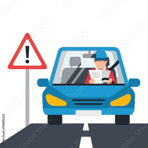 Driver learning to drive a car with a warning sign.
