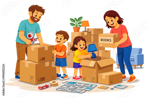 Family moving day: parents and children packing boxes together.