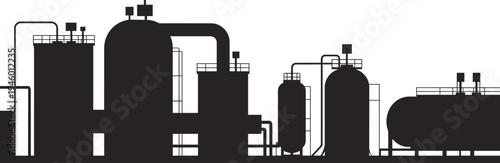 Industrial facility silhouette with storage tanks, chemical plant piping, refinery equipment, petrochemical infrastructure, manufacturing plant structures, energy production site