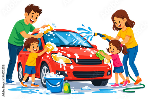Family car wash activity with smiling parents and kids cleaning red vehicle.