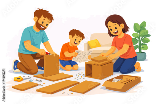 Family bonding activity: asian young parents and child building furniture together.