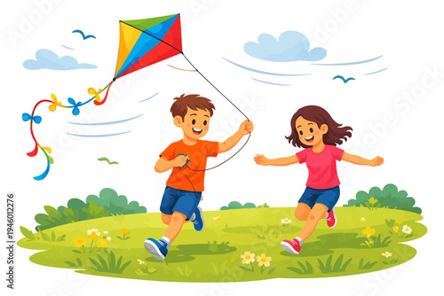Children playing with kite in sunny park.