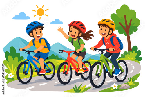 Happy children cycling in nature on a sunny day.