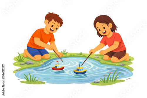 Asian children playing with toy boats in pond.