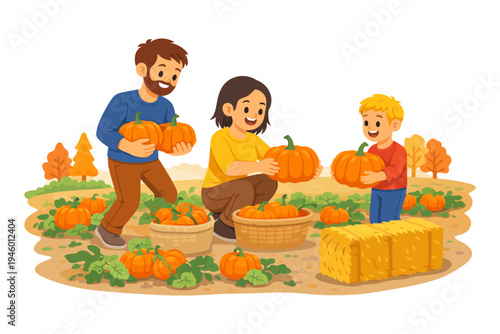 Family enjoying autumn harvest with pumpkins in farm setting.