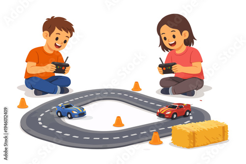 Children playing with remote-controlled cars on toy race track.