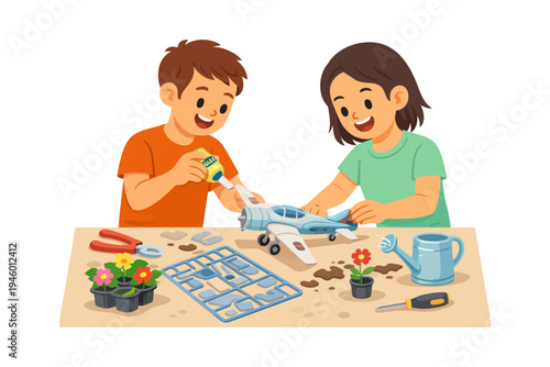 Happy children building model airplane together at craft table.