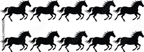 Silhouettes of running horses in motion, dynamic animal figures, herd movement illustration, equestrian energy, wild horse artistic concept