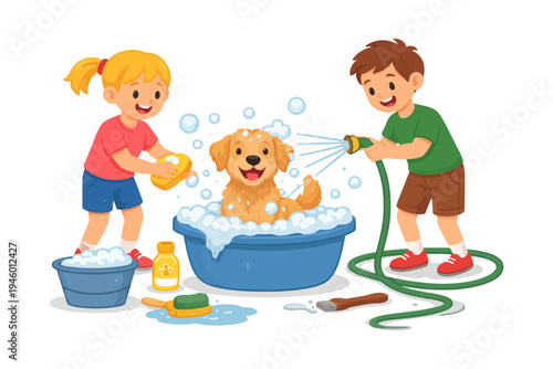 Children bathing golden retriever puppy in blue tub with bubbles.