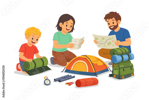 Family camping adventure: parents and child preparing tent with maps.