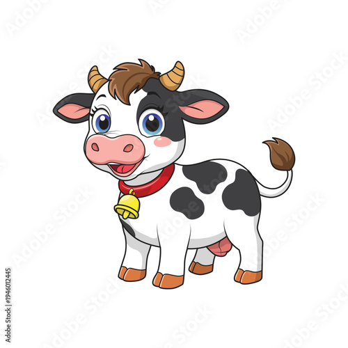 Cow with red collar and bell is a cute cartoon suitable for farmrelated designs, childrens products, and agricultural concepts. Perfect for branding.