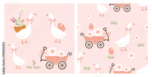 Seamless cute goose pattern with flower cart, daisy flowers and easter eggs on pastel background for fabric, wallpaper, wrapping paper, nursery decor and textile design.