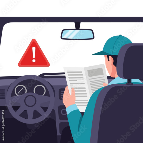 Driver reading newspaper inside car dashboard warning sign.